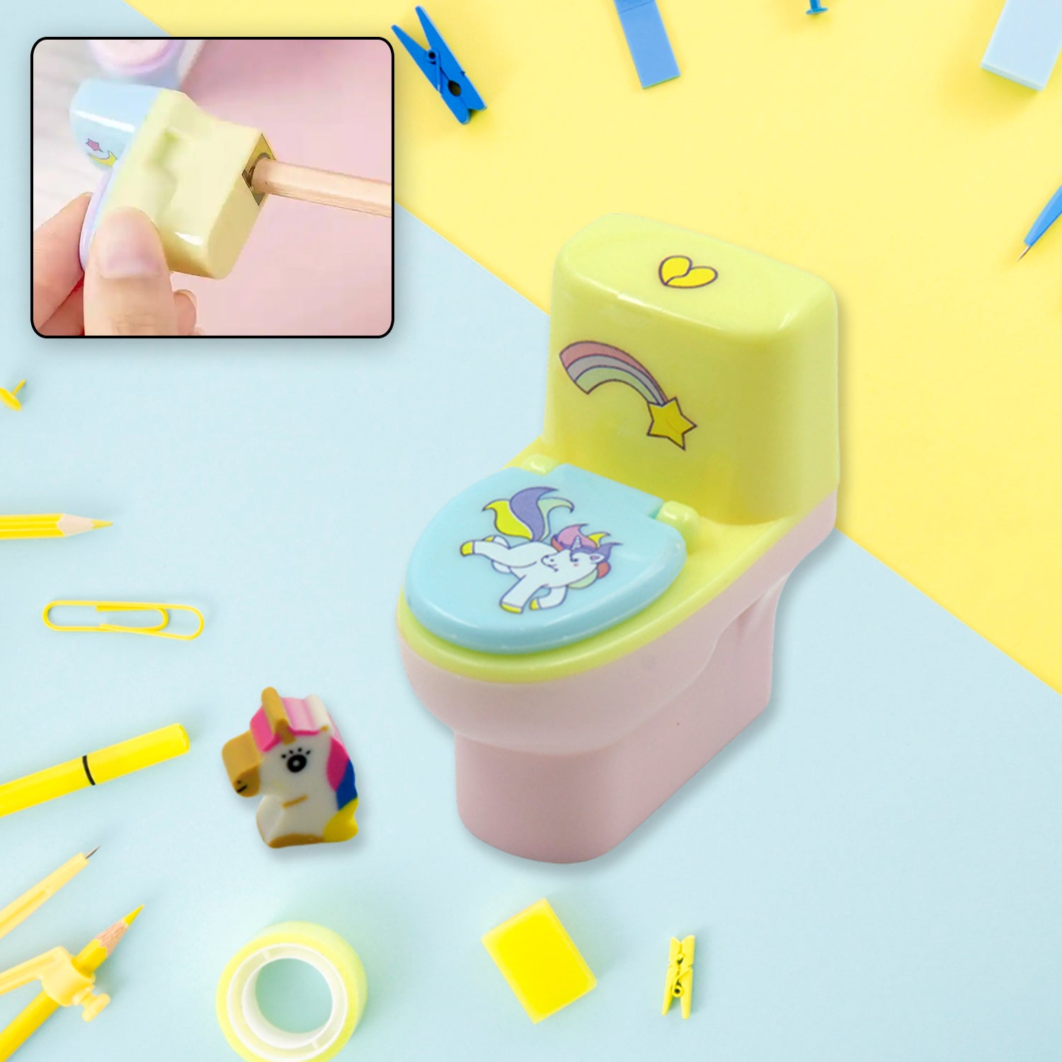 Toilet-shaped pencil sharpener with eraser, 2-piece set Toilet-shaped pencil sharpener with eraser, 2-piece set